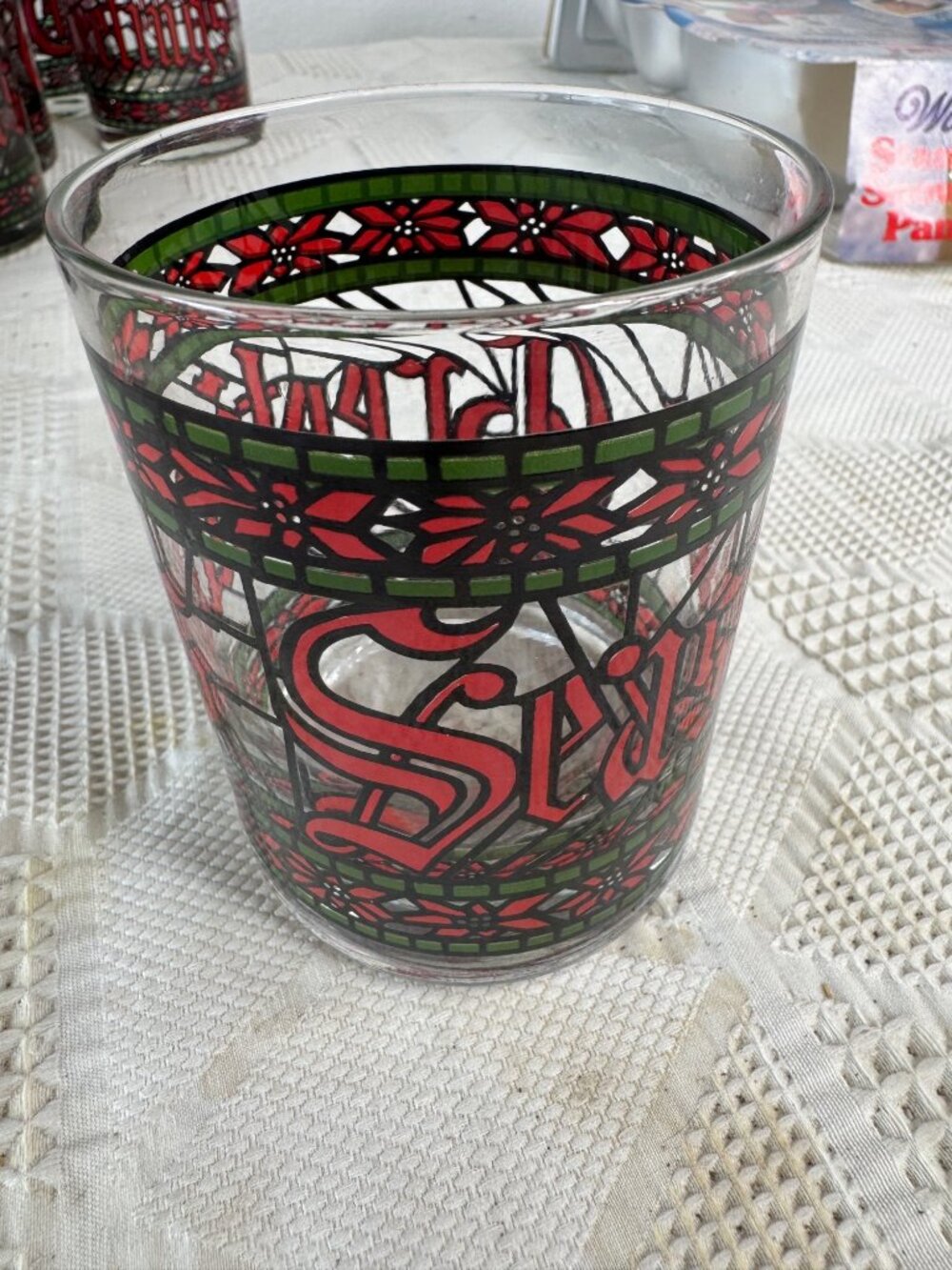 Vintage Houze Seasons Greetings Tumbler Glass w Stained Glass Holiday Style